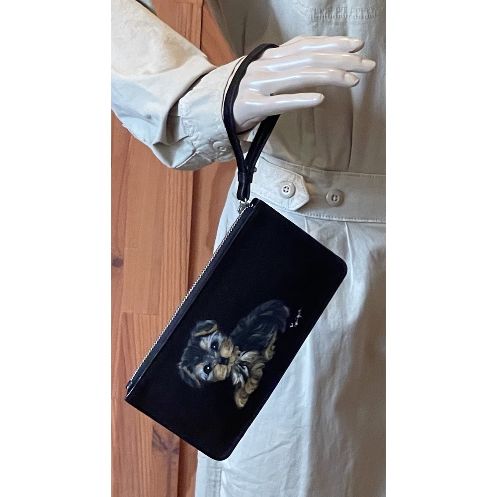 Wilson's Leather Hand Painted Yorkie Wallet Wristlet Signed Artist Black Leather